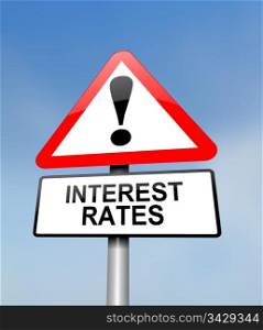 Illustration depicting a red and white triangular warning sign with an interest rates concept. Blurred sky background.