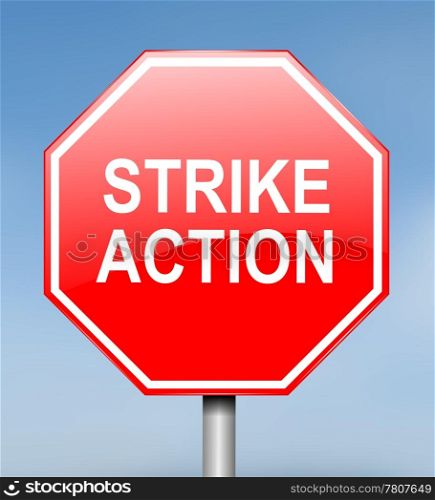 Illustration depicting a road sign with the words &rsquo;strike action&rsquo; against a blue background.