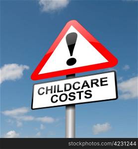 Illustration depicting a road traffic sign with a childcare cost concept. Blue sky background.