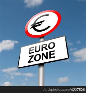 Illustration depicting a road traffic sign with a euro zone concept. Blue sky background.