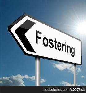 Illustration depicting a road traffic sign with a fostering concept. Blue sky background.