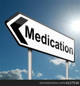 Illustration depicting a road traffic sign with a medication concept. Blue sky background.
