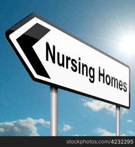 Illustration depicting a road traffic sign with a nursing home concept. Blue sky background.