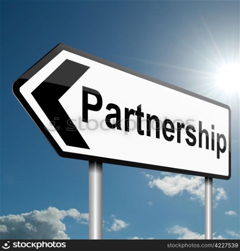 Illustration depicting a road traffic sign with a partnership concept. Blue sky background.