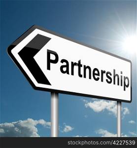 Illustration depicting a road traffic sign with a partnership concept. Blue sky background.