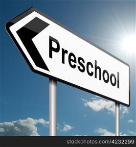 Illustration depicting a road traffic sign with a preschool concept. Blue sky background.