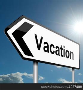 Illustration depicting a road traffic sign with a vacation concept. Blue sky background.