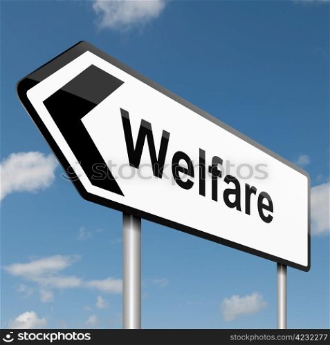 Illustration depicting a road traffic sign with a welfare concept. Blue sky background.