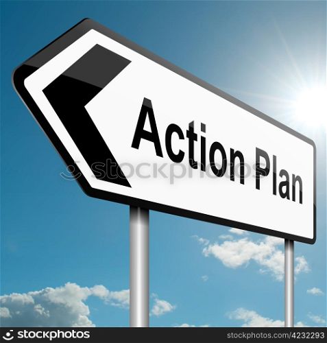 Illustration depicting a road traffic sign with an action plan concept. Blue sky background.