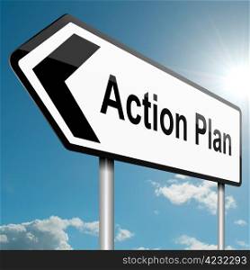 Illustration depicting a road traffic sign with an action plan concept. Blue sky background.