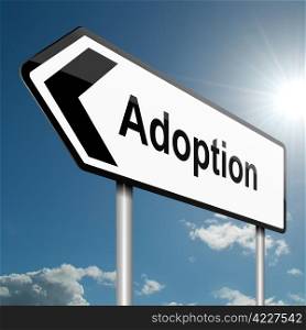 Illustration depicting a road traffic sign with an adoption concept. Blue sky background.