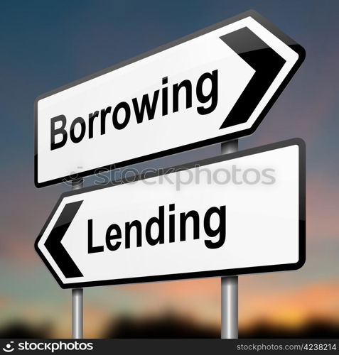 Illustration depicting a roadsign with a borrow or lend concept. Blurred dusk background.