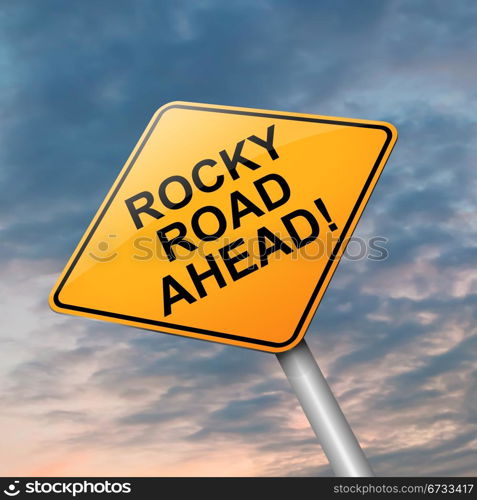 Illustration depicting a roadsign with a difficulty concept. Dramatic sky background.