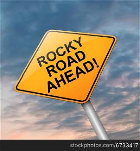 Illustration depicting a roadsign with a difficulty concept. Dramatic sky background.