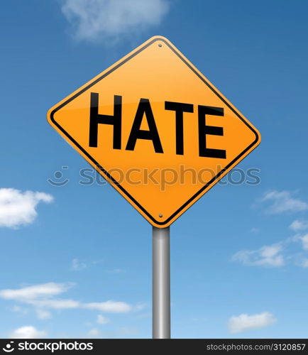 Illustration depicting a roadsign with a hate concept. Sky background.