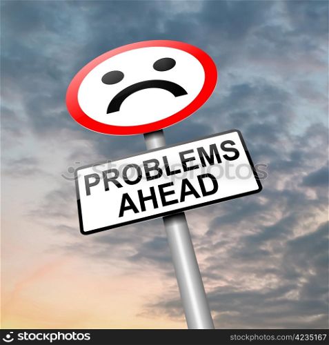 Illustration depicting a roadsign with a problem concept. Cloudy sky background.