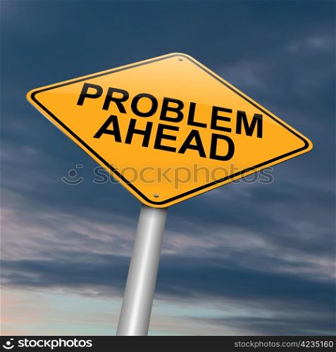 Illustration depicting a roadsign with a problem concept. Dark cloud background.