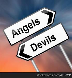Illustration depicting a roadsign with an angel or devil concept. Abstract blur background.