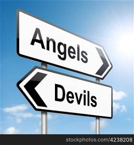 Illustration depicting a roadsign with an angel or devil concept. Sky background.