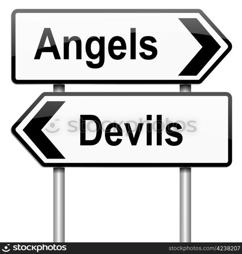 Illustration depicting a roadsign with an angel or devil concept. White background.