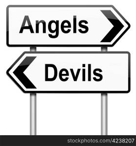 Illustration depicting a roadsign with an angel or devil concept. White background.