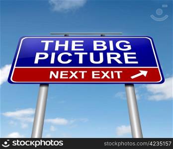 Illustration depicting a roadsign with &rsquo;the big picture&rsquo; concept. Sky background.