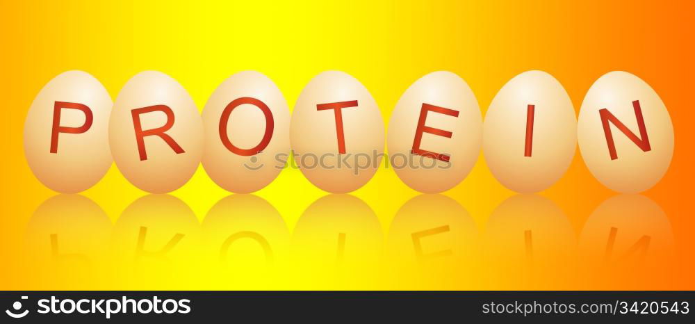 Illustration depicting a row of chicken eggs with letters spelling the word PROTEIN arranged over vivid yellow and orange and reflecting into the foreground.