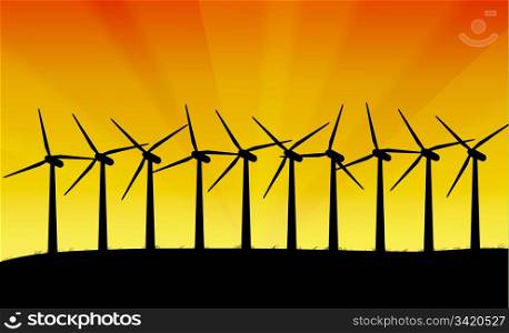 Illustration depicting a row of silhouetted wind turbines against a vivid yellow and orange abstract background.