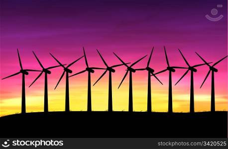 Illustration depicting a row of silhouetted wind turbines against a warm sunset.