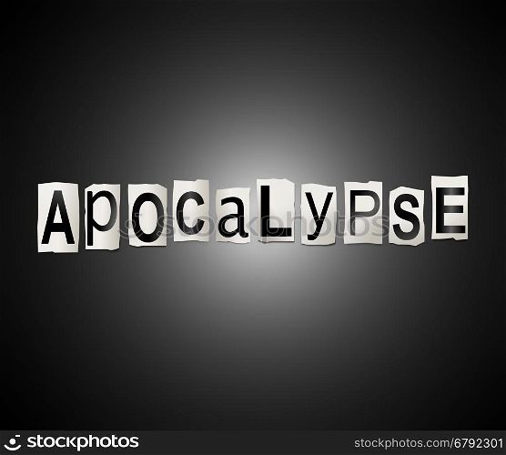 Illustration depicting a set of cut out printed letters arranged to form the word apocalypse.