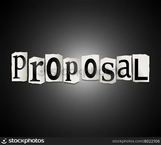 Illustration depicting a set of cut out printed letters arranged to form the word proposal.