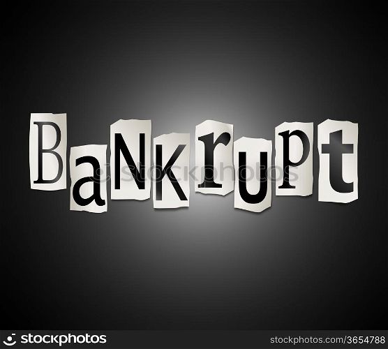 Illustration depicting a set of cut out printed letters formed to arrange the word bankrupt.