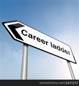 illustration depicting a sign post with directional arrow containing a career ladder concept. Blurred background.
