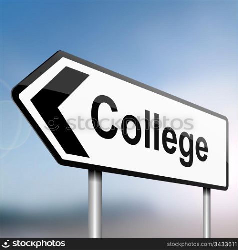 illustration depicting a sign post with directional arrow containing a college concept. Blurred background.
