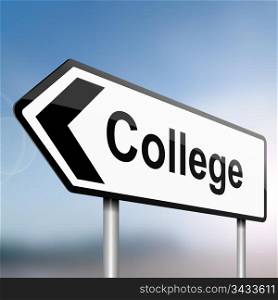 illustration depicting a sign post with directional arrow containing a college concept. Blurred background.