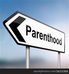 illustration depicting a sign post with directional arrow containing a parenthood concept. Blurred background.