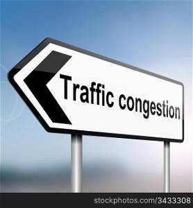 illustration depicting a sign post with directional arrow containing a traffic congestion concept. Blurred background.