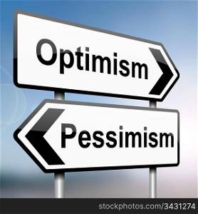 illustration depicting a sign post with directional arrows containing a pessimist or optimist concept. Blurred background.