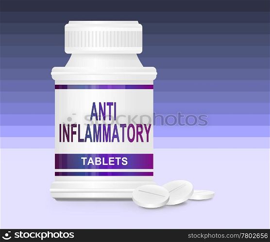 Illustration depicting a single medication container with the words &rsquo;anti inflammatory tablets&rsquo; on the front with purple gradient striped background and a few tablets in the foreground.