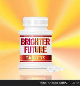 Illustration depicting a single medication container with the words &rsquo;brighter future tablets&rsquo; on the front with golden light effect background and a few tablets in the foreground.