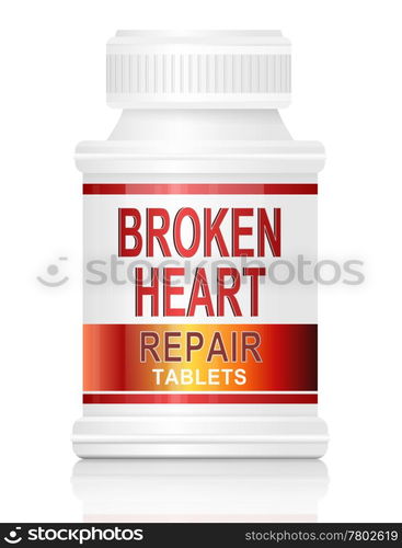 Illustration depicting a single medication container with the words &rsquo;broken heart repair tablets&rsquo; on the front with white background.