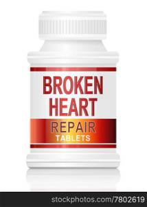 Illustration depicting a single medication container with the words &rsquo;broken heart repair tablets&rsquo; on the front with white background.