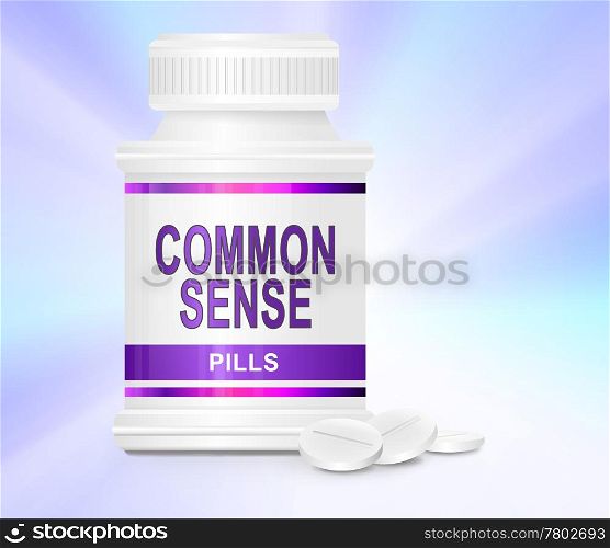 Illustration depicting a single medication container with the words &rsquo;common sense pills&rsquo; on the front with subtle pastel light effect background and a few tablets in the foreground.