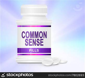 Illustration depicting a single medication container with the words &rsquo;common sense pills&rsquo; on the front with subtle pastel light effect background and a few tablets in the foreground.