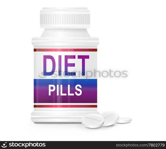 Illustration depicting a single medication container with the words &rsquo;diet pills&rsquo; on the front with white background and a few tablets in the foreground.