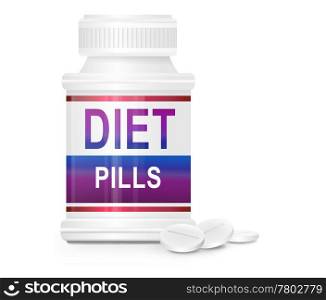 Illustration depicting a single medication container with the words &rsquo;diet pills&rsquo; on the front with white background and a few tablets in the foreground.