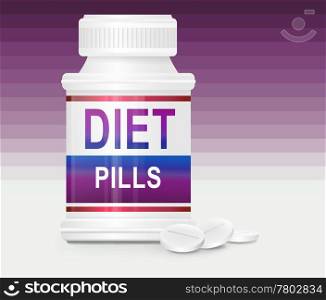 Illustration depicting a single medication container with the words &rsquo;diet pills&rsquo; on the front with purple gradient stripe background and a few tablets in the foreground.