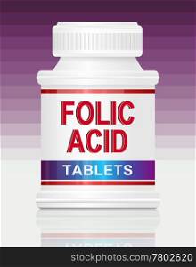 Illustration depicting a single medication container with the words &rsquo;folic acid tablets&rsquo; on the front with purple gradient background.