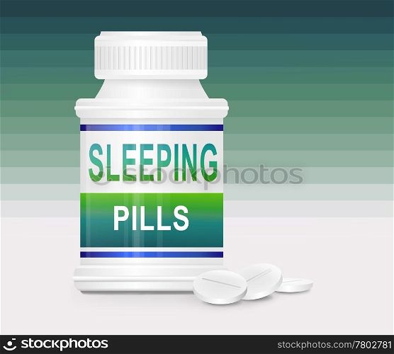 Illustration depicting a single medication container with the words &rsquo;sleeping pills&rsquo; on the front with green gradient striped background and a few tablets in the foreground.