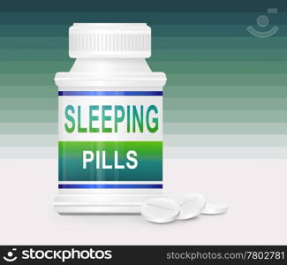 Illustration depicting a single medication container with the words &rsquo;sleeping pills&rsquo; on the front with green gradient striped background and a few tablets in the foreground.